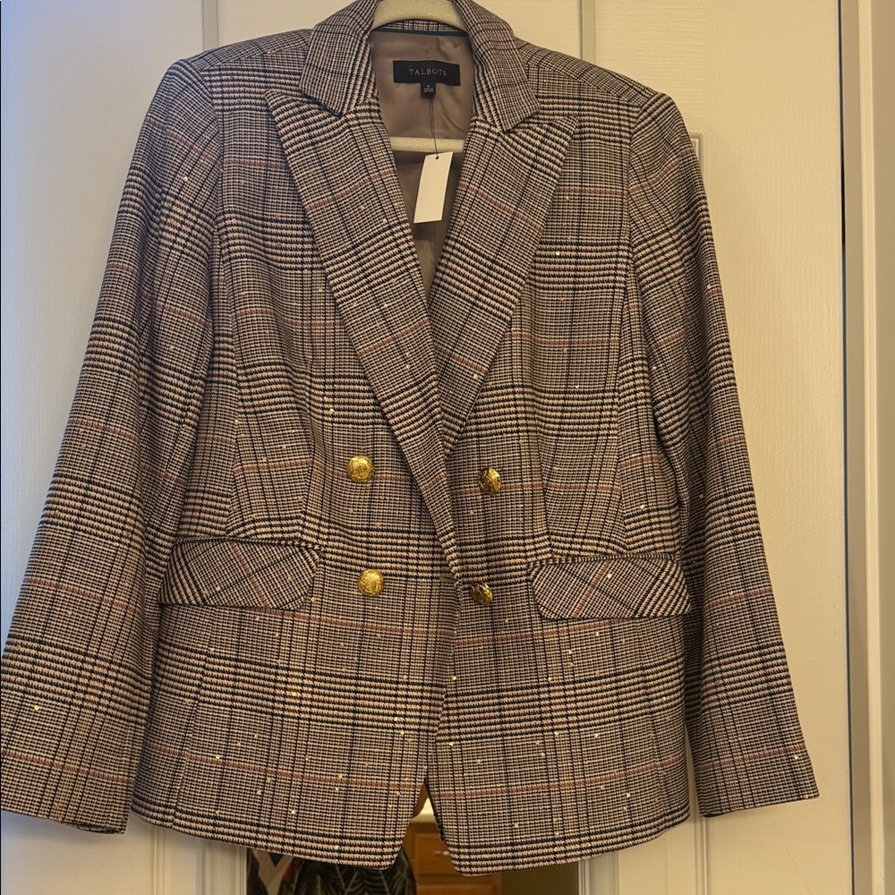 Talbots Brown Plaid Double-Breasted Blazer with Gold Buttons
